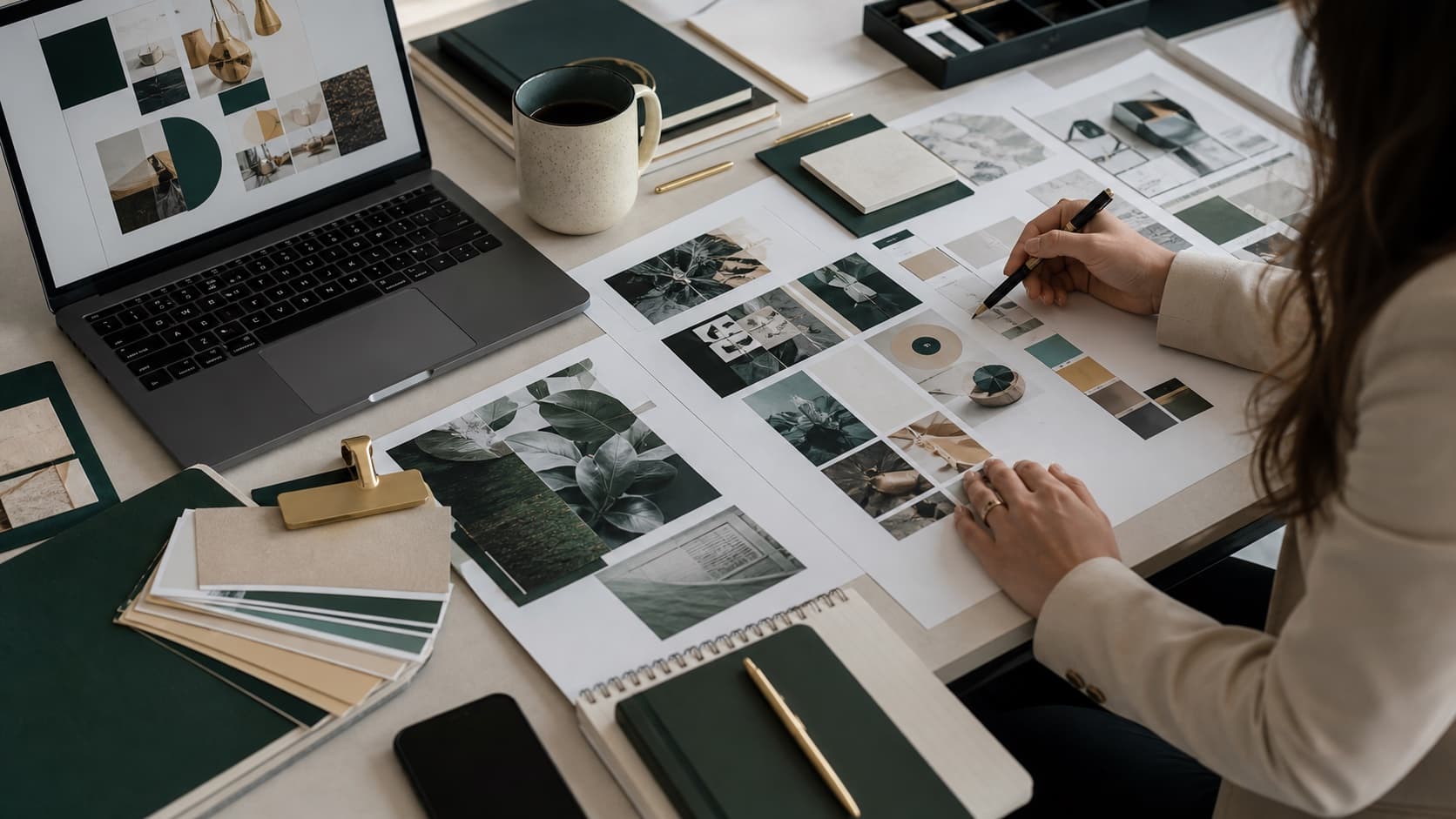 Brand design workspace with mood boards, swatches, and visual references
