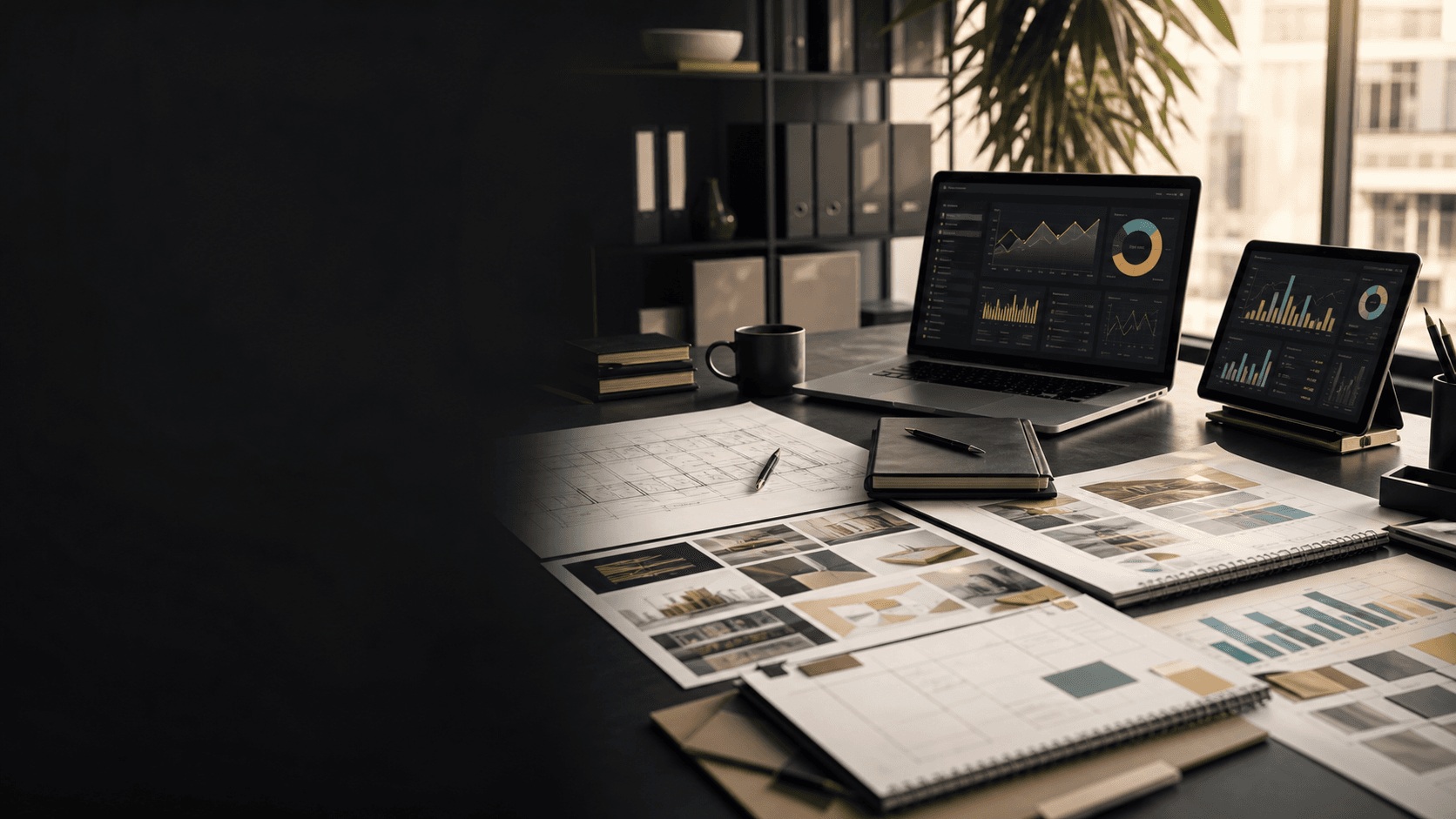 Professional operations desk with dashboards, plans, and documentation